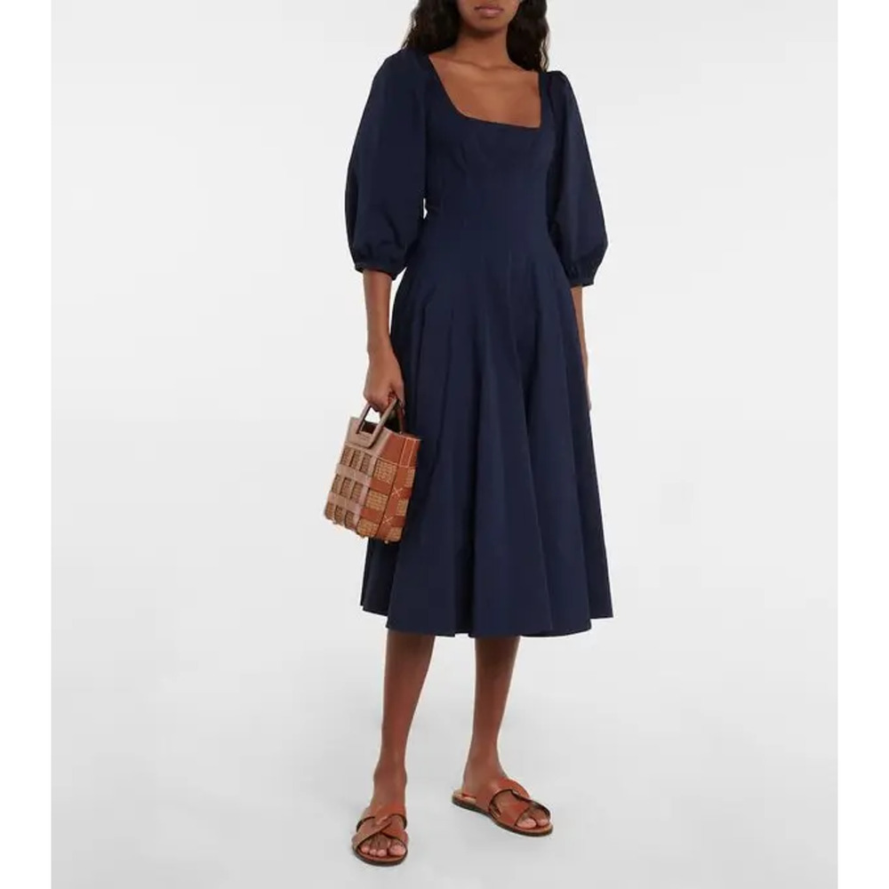 Staud Swells Puff Sleeve Poplin Midi Dress - 2 - Black - Picture 2 of 8